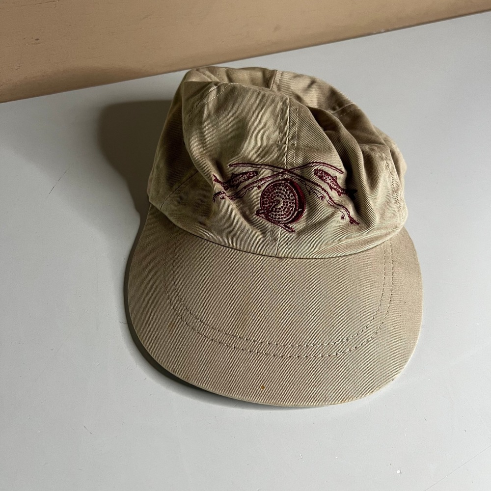 Vintage Orvis Fly Fishing Hat Tan Cotton USA Made Leather Strap Trout Reel Logo